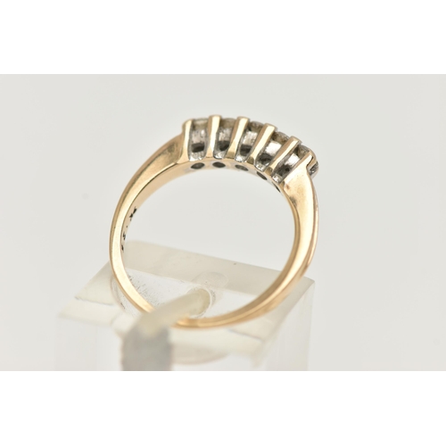 11 - A 9CT GOLD DIAMOND FIVE STONE RING, set with a row of five small, round brilliant cut diamonds, shar... 