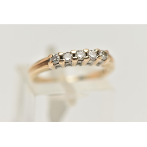 11 - A 9CT GOLD DIAMOND FIVE STONE RING, set with a row of five small, round brilliant cut diamonds, shar... 