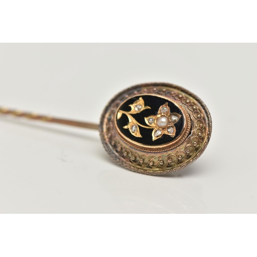 13 - A VICTORIAN CASED STICK PIN, yellow metal unmarked, oval Etruscan pin, decorated with a rose cut dia... 