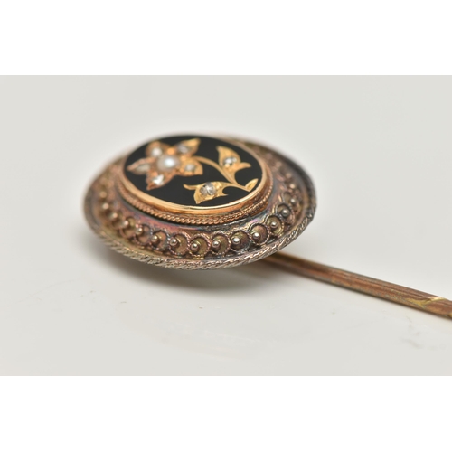 13 - A VICTORIAN CASED STICK PIN, yellow metal unmarked, oval Etruscan pin, decorated with a rose cut dia... 