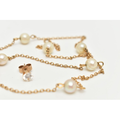 16 - A YELLOW METAL AND CULTURED PEARL STATION NECKLACE, six cultured pearls, approximate diameter 6mm, f... 