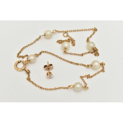 16 - A YELLOW METAL AND CULTURED PEARL STATION NECKLACE, six cultured pearls, approximate diameter 6mm, f... 