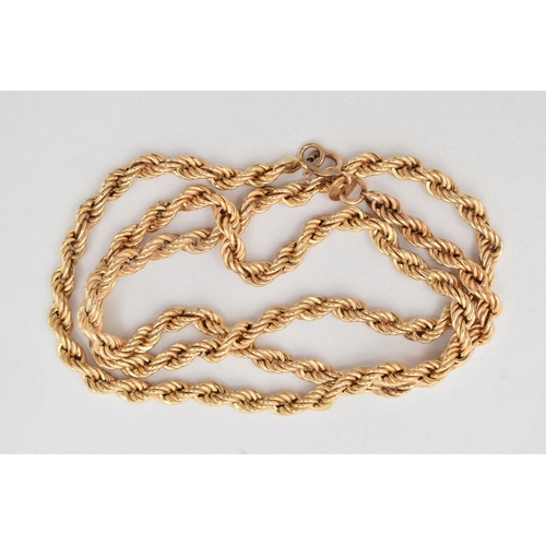 18 - A 9CT GOLD ROPE TWIST CHAIN, fitted with a spring clasp, hallmarked 9ct London import, length 490mm,... 