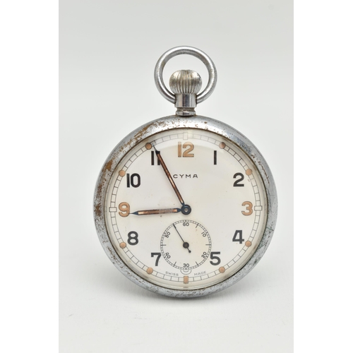 21 - A MILITARY ISSUE 'CYMA' OPEN FACE POCKET WATCH, manual wind, round white dial signed 'Cyma', Arabic ... 