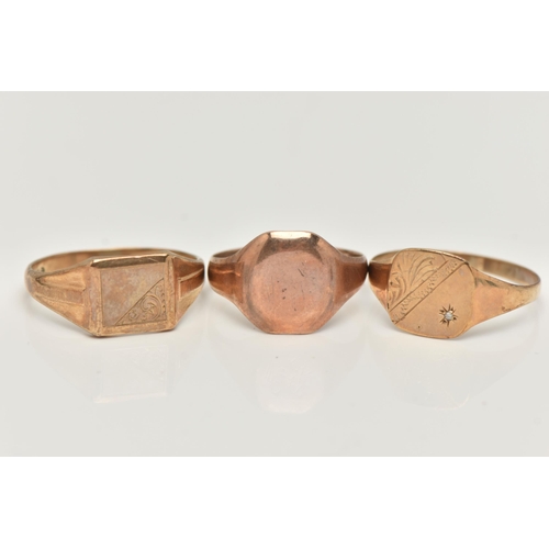 25 - THREE SIGNET RINGS, the first a 9ct gold signet ring with engraved foliage detail and set with a sin... 