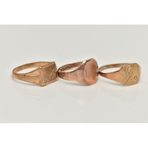 25 - THREE SIGNET RINGS, the first a 9ct gold signet ring with engraved foliage detail and set with a sin... 