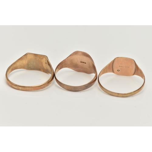 25 - THREE SIGNET RINGS, the first a 9ct gold signet ring with engraved foliage detail and set with a sin... 