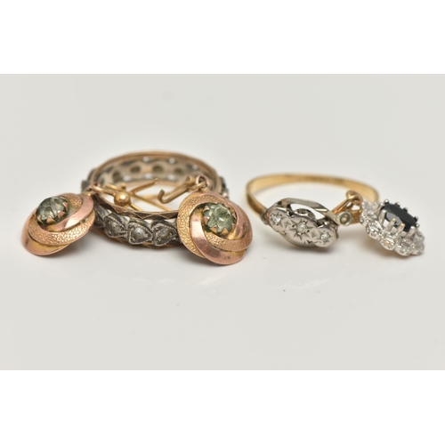 28 - A SMALL ASSORTMENT OF JEWELLERY, to include a three stone diamond ring, prong set in a white metal i... 