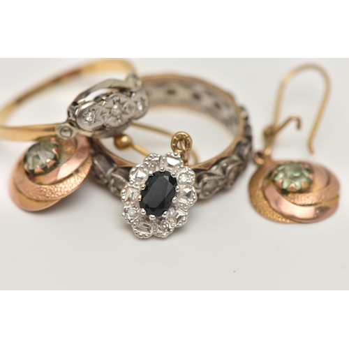 28 - A SMALL ASSORTMENT OF JEWELLERY, to include a three stone diamond ring, prong set in a white metal i... 