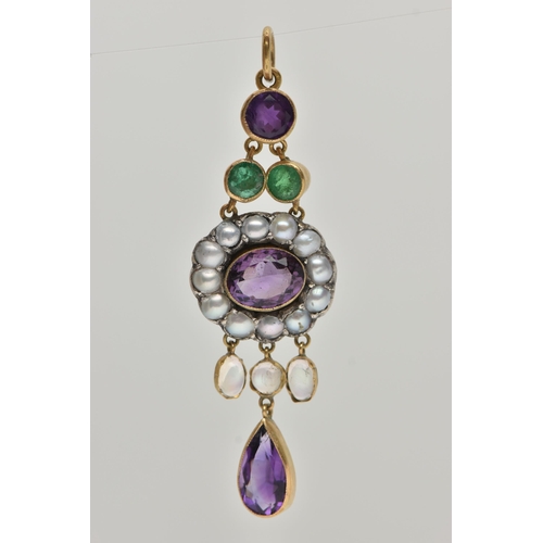 3 - AN EARLY 20TH CENTURY GEM SET PENDANT, set with a circular cut, an oval cut and a pear cut amethyst,... 