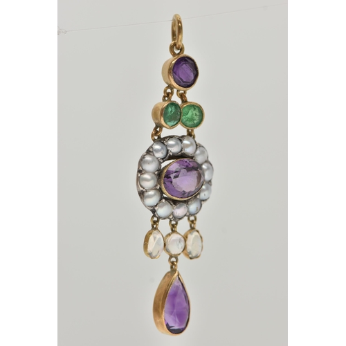 3 - AN EARLY 20TH CENTURY GEM SET PENDANT, set with a circular cut, an oval cut and a pear cut amethyst,... 