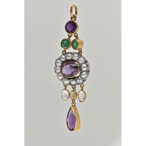 3 - AN EARLY 20TH CENTURY GEM SET PENDANT, set with a circular cut, an oval cut and a pear cut amethyst,... 