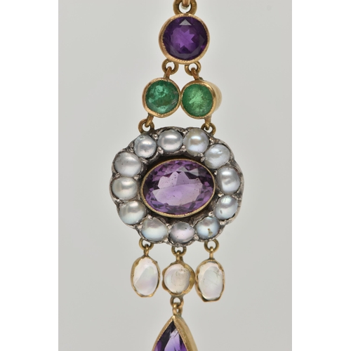 3 - AN EARLY 20TH CENTURY GEM SET PENDANT, set with a circular cut, an oval cut and a pear cut amethyst,... 