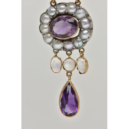 3 - AN EARLY 20TH CENTURY GEM SET PENDANT, set with a circular cut, an oval cut and a pear cut amethyst,... 