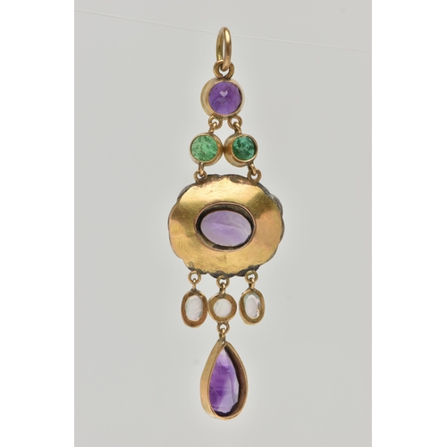 3 - AN EARLY 20TH CENTURY GEM SET PENDANT, set with a circular cut, an oval cut and a pear cut amethyst,... 