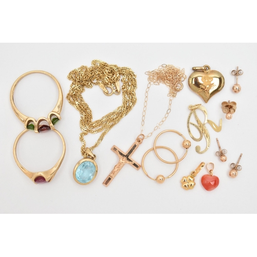 32 - A SELECTION OF YELLOW METAL JEWELLERY, to include a floral pendant stamped 750, a heart shape hardst... 