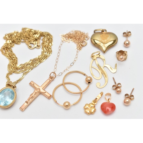 32 - A SELECTION OF YELLOW METAL JEWELLERY, to include a floral pendant stamped 750, a heart shape hardst... 