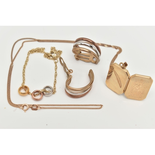 36 - A SELECTION OF YELLOW METAL JEWELLERY, to include a pair of 9ct rose, white and yellow gold ear hoop... 