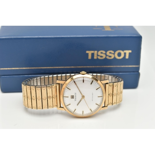 37 - A GENTS 9CT GOLD 'TISSOT' WRISTWATCH, manual wind, round silver dial signed 'Tissot Stylist', baton ... 