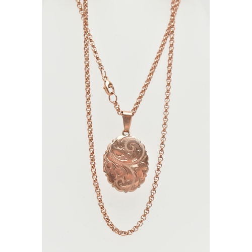 41 - A 9CT ROSE GOLD LOCKET AND CHAIN, oval floral detailed locket, opens to reveal two vacant photo comp... 