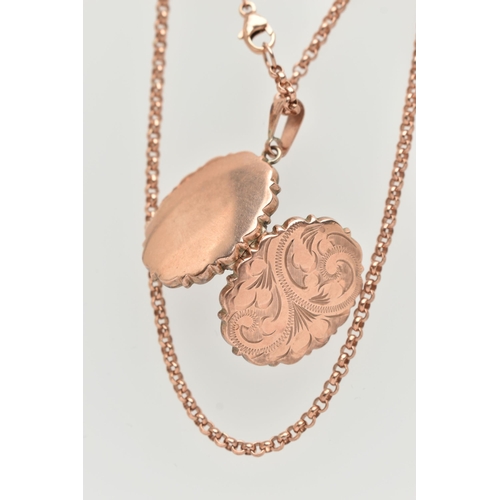 41 - A 9CT ROSE GOLD LOCKET AND CHAIN, oval floral detailed locket, opens to reveal two vacant photo comp... 