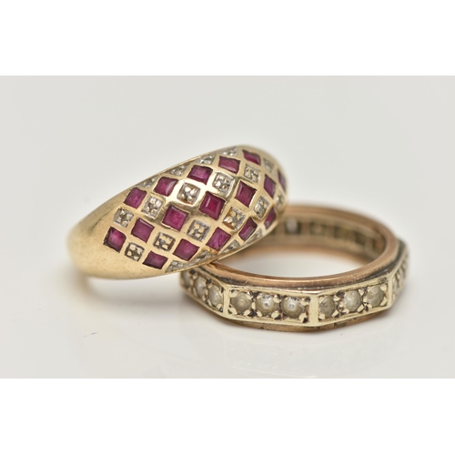 45 - TWO GEM SET RINGS, the first a 9ct gold ruby and single cut diamond checker pattern dome ring, polis... 