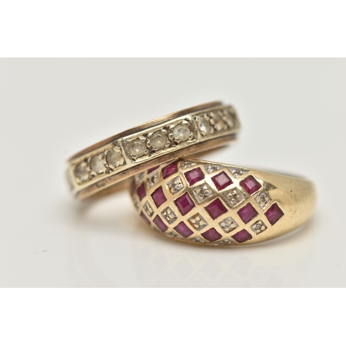 45 - TWO GEM SET RINGS, the first a 9ct gold ruby and single cut diamond checker pattern dome ring, polis... 