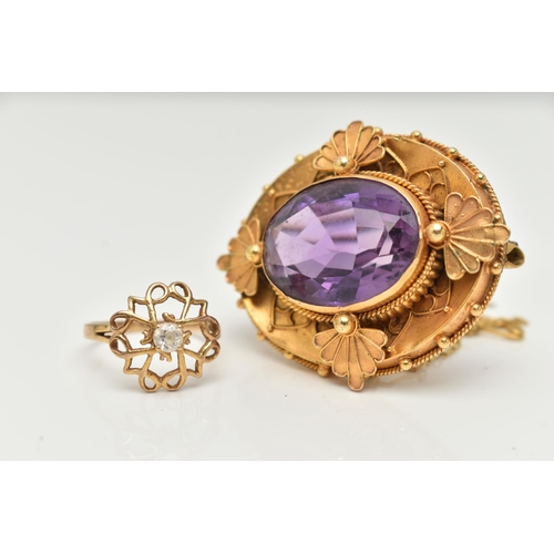 49 - A 9CT GOLD RING AND A BROOCH, an open work design ring principally set with a circular cut cubic zir... 