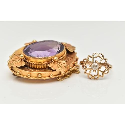 49 - A 9CT GOLD RING AND A BROOCH, an open work design ring principally set with a circular cut cubic zir... 