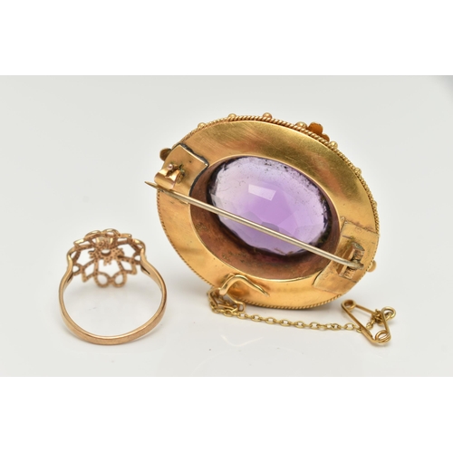 49 - A 9CT GOLD RING AND A BROOCH, an open work design ring principally set with a circular cut cubic zir... 