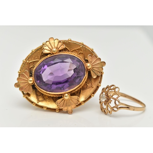 49 - A 9CT GOLD RING AND A BROOCH, an open work design ring principally set with a circular cut cubic zir... 