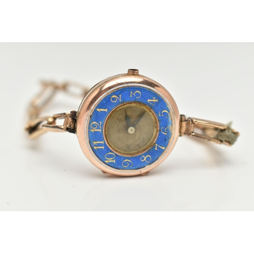 50 - A 9CT GOLD LADIES 'ROLEX' WRISTWATCH, hand wound movement, half hunter case with blue enamel detail,... 