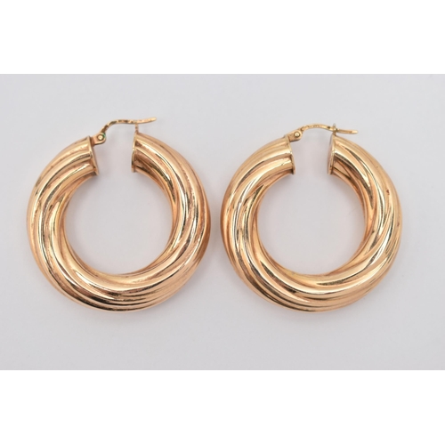 52 - A PAIR OF 9CT GOLD LARGE HOOP EARRINGS, yellow gold hoops with lever fittings, approximate length 36... 