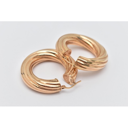 52 - A PAIR OF 9CT GOLD LARGE HOOP EARRINGS, yellow gold hoops with lever fittings, approximate length 36... 