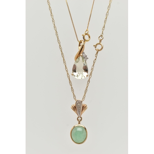 54 - TWO PENDANT NECKLACES, the first set with a pear cut aquamarine, measuring approximately length 11.6... 