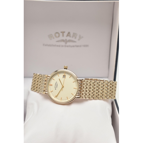 59 - A BOXED 'ROTARY' WRISTWATCH, quartz movement, round gold dial signed 'Rotary', baton makers, date wi... 