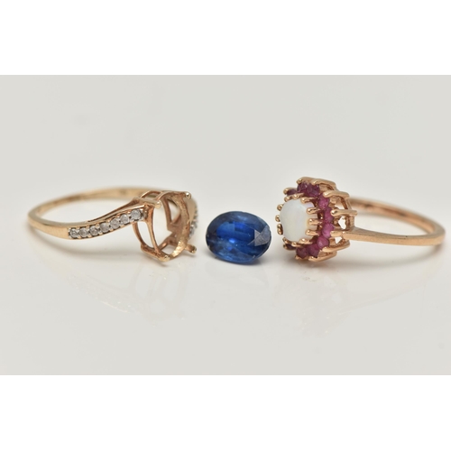 6 - TWO 9CT GOLD GEM SET RINGS, the first a circular cluster set with a central opal (chipped) claw set ... 