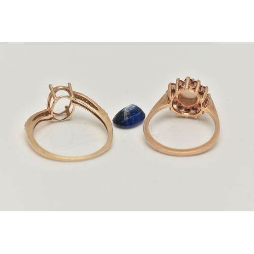 6 - TWO 9CT GOLD GEM SET RINGS, the first a circular cluster set with a central opal (chipped) claw set ... 