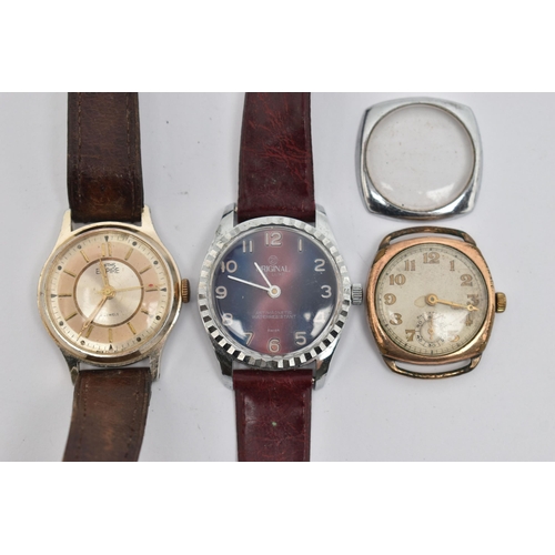 67 - THREE WATCHES, to include a gents 'Smiths Empire' watch on a brown strap, a gents 'Original De Luxe'... 