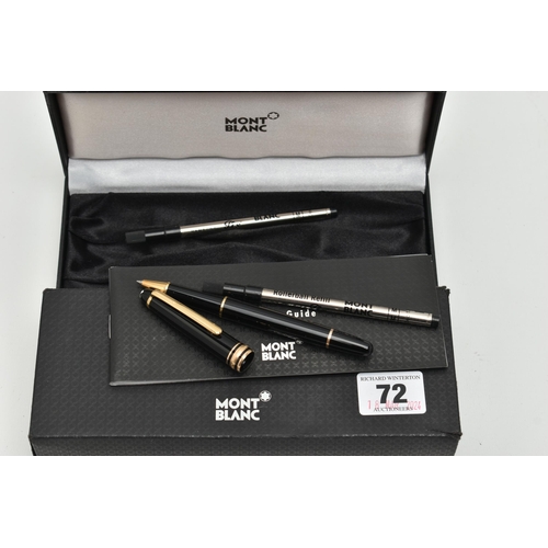 72 - A CASED MONT BLANC MEISTERSTUCK PIX ROLLERBALL PEN, the black pen case with gold coloured trim, stam... 