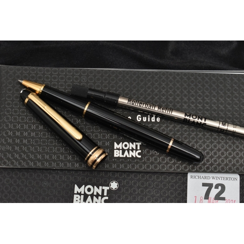 72 - A CASED MONT BLANC MEISTERSTUCK PIX ROLLERBALL PEN, the black pen case with gold coloured trim, stam... 