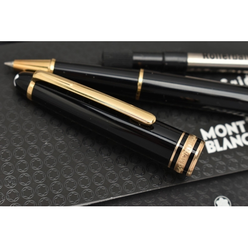 72 - A CASED MONT BLANC MEISTERSTUCK PIX ROLLERBALL PEN, the black pen case with gold coloured trim, stam... 