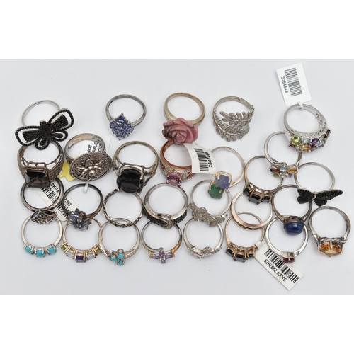 73 - A SELECTION OF WHITE METAL RINGS, various designs, some set with semi-precious gemstones, marks to i... 