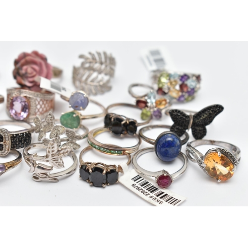 73 - A SELECTION OF WHITE METAL RINGS, various designs, some set with semi-precious gemstones, marks to i... 