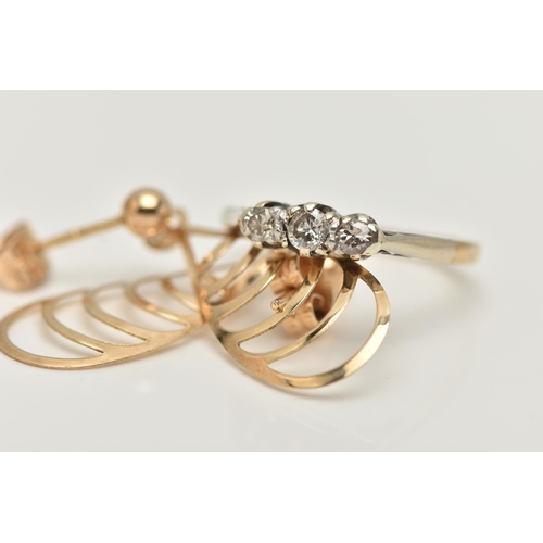 8 - A YELLOW METAL DIAMOND RING AND A PAIR OF DROP EARRINGS, the ring set with three round brilliant cut... 