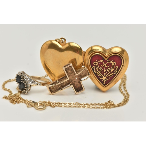 9 - THREE ITEMS OF JEWELLERY, to include a yellow metal diamond pave set cross pendant, stamped 9k, (mis... 