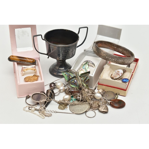 101 - ASSORTED SILVER AND WHITE METAL JEWELLERY, to include a small silver trophy cup hallmarked  Birmingh... 