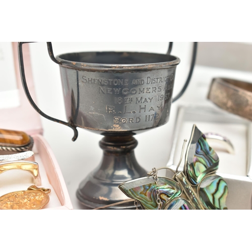 101 - ASSORTED SILVER AND WHITE METAL JEWELLERY, to include a small silver trophy cup hallmarked  Birmingh... 