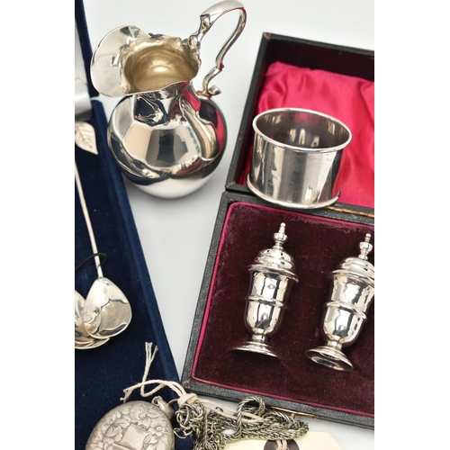 102 - ASSORTED SILVER ITEMS, to include a cased set of spoons, each fitted with a leaf charm to the termin... 