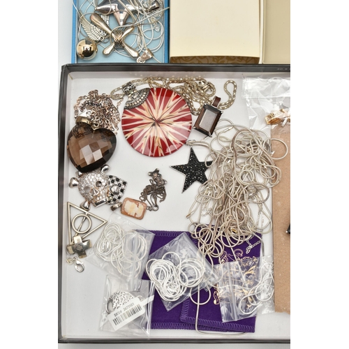104 - ASSORTED WHITE METAL PENDANTS AND CHAINS, various styles of pendants, some set with semi-precious ge... 